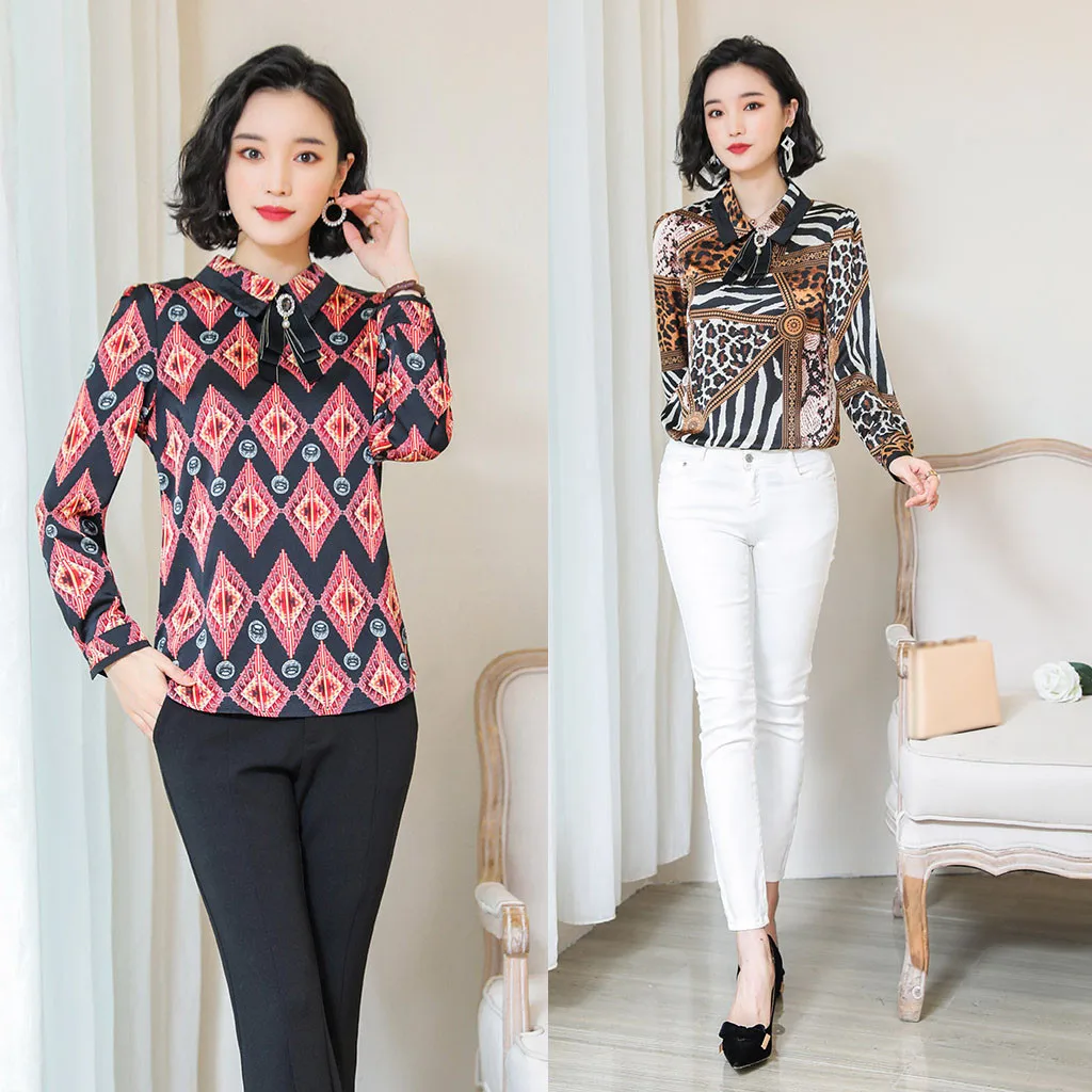 Poleras mujer de moda camiseta mujer футболка Женская Офисная рубашка с отложным воротником Женская шифоновая рубашка с принтом и длинным рукавом