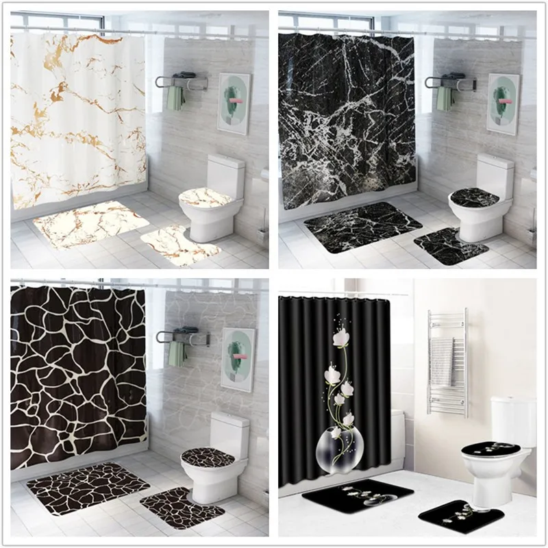 Creative Marble Printing Bathroom Waterproof Shower Curtain Pedestal
Rug Lid Carpet Toilet Cover set Bath Curtain Mat Set