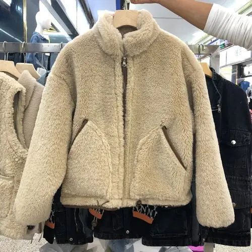 Lamb Coat Women Soft Sheep Hair Coat Woman High Collar Winter Short Jacket Girl Students Loose Lamb Fur Jacket Femme Outwear