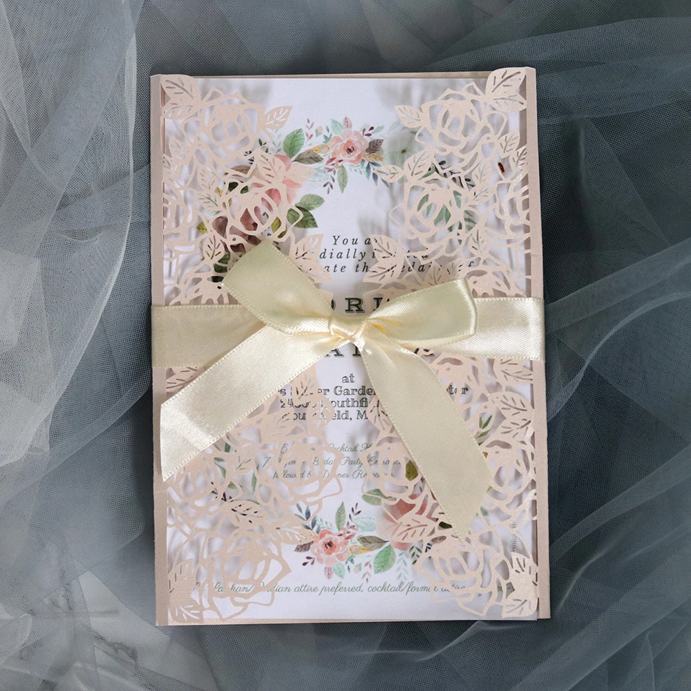 10pcs Pink Wedding Invitation Lace Pattern Wedding Card Laser Cut Paper Card Announcement Birthday  - 4000391561762