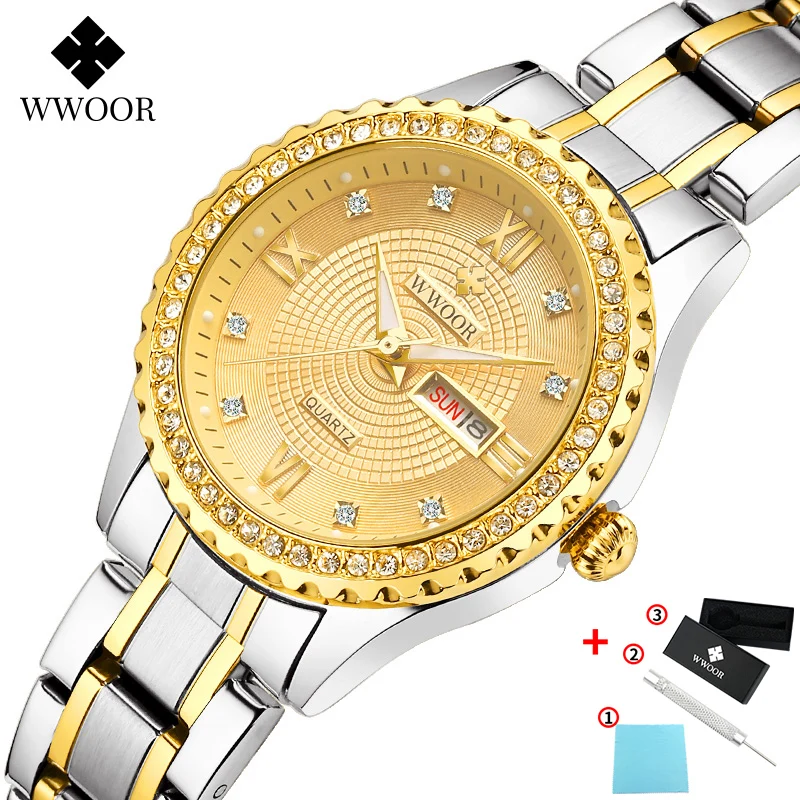 sliver gold WWOOR, новинка, женские часы-браслет с бриллиантами, водонепроницаемые женские часы из нержавеющей стали, модные кварцевые часы для женщин, Reloj Mujer - Цвет: sliver gold