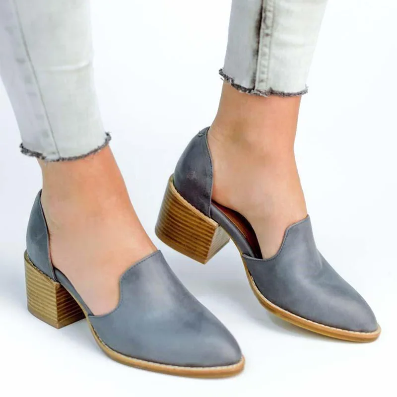 

2019 Spring Summer Leather Pumps Women Med Chunky Block Heel Shoes Slip On Pointed Toe Casual Plus Size Lady Female Shoes uik8