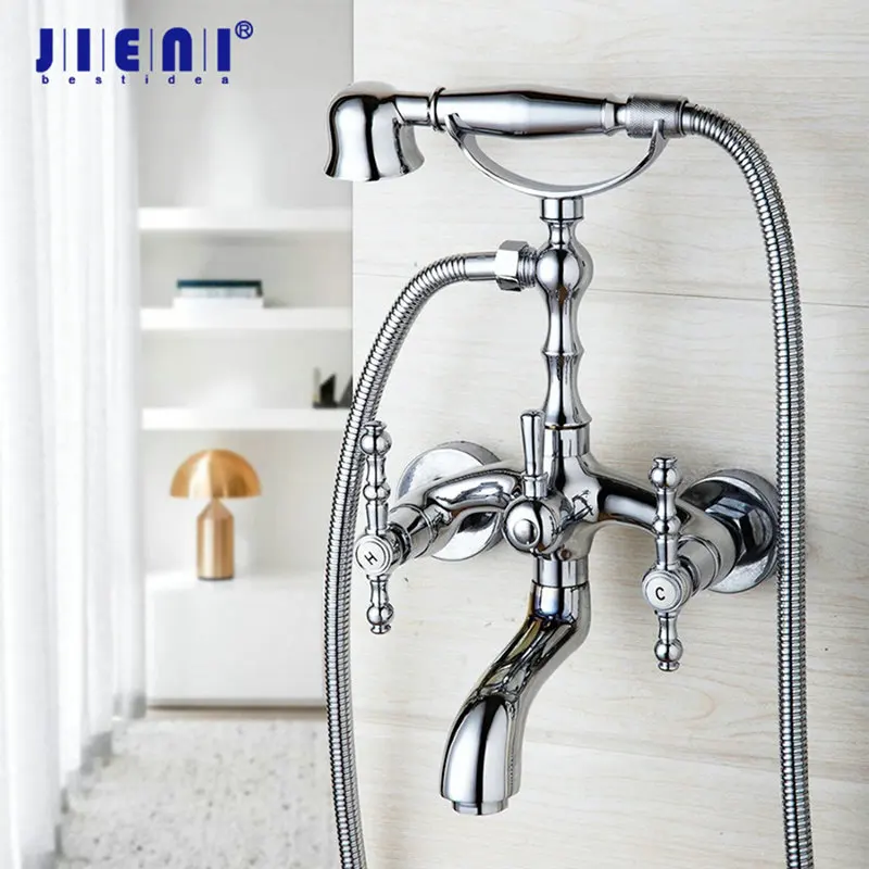 

JIENI Chrome Brass Rainfall Stream Spray Shower Faucet Solid Brass Bathroonm Wall Mounted Bathtub Hand Shower Set