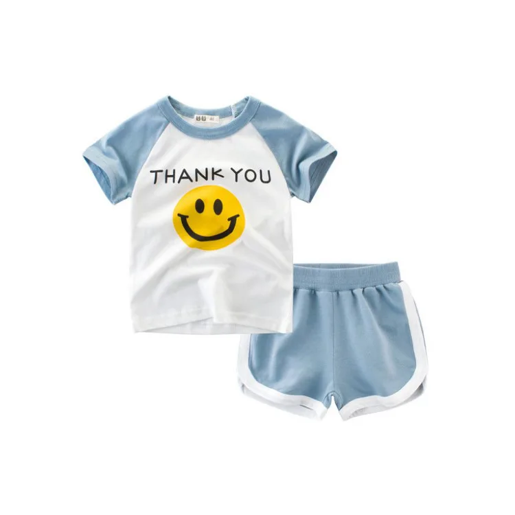 

Fashion Boy New Style English Smiley Pure Cotton Short-sleeved T-shirt Shorts Two-Piece Set Children Short Sleeve T-shirt Suit