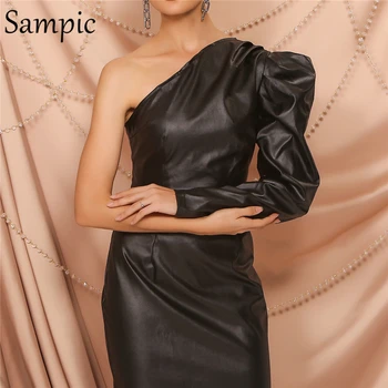 

Sampic sexy women party night club one shoulder puff long sleeve dress back backless short bodycon fashion pu leather dress 2020