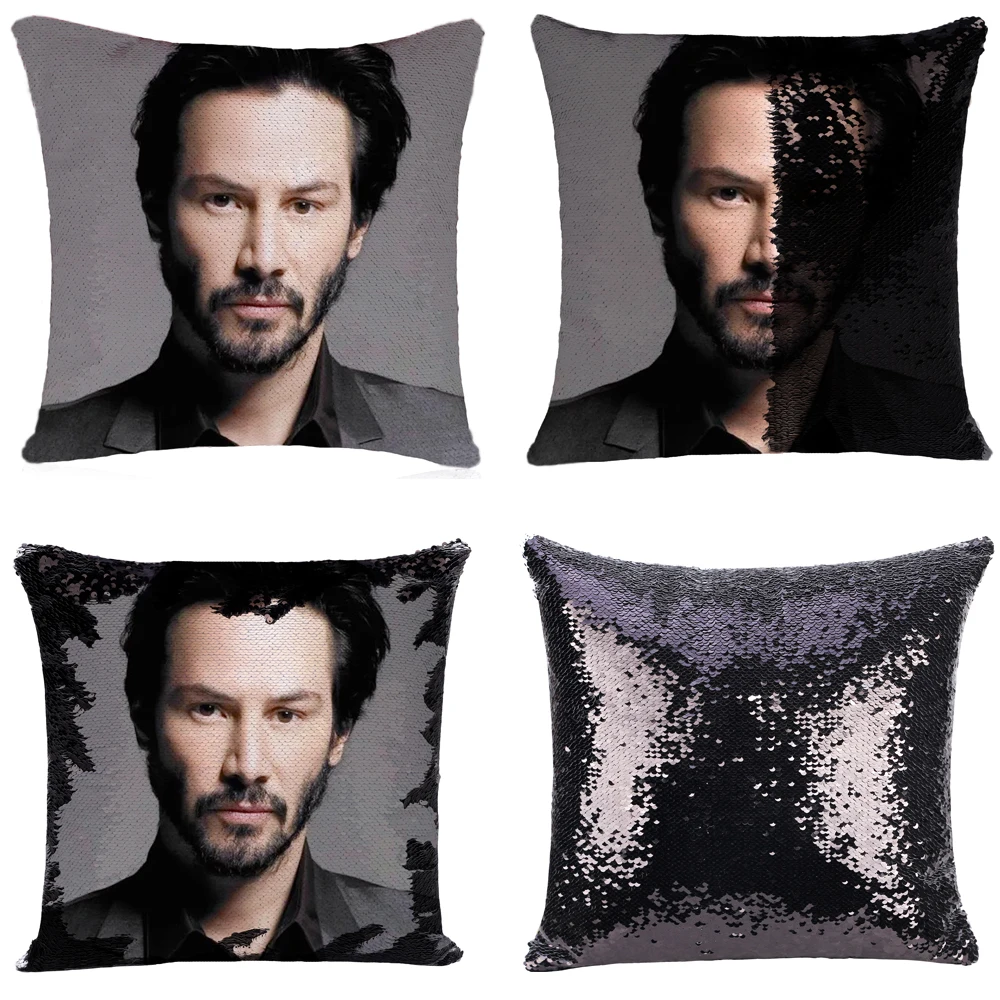 

Keanu Reeves Cushion Cover with Sequins Super Shining Reversible Color Changing Pillow Cover 40x40cm Home Car Decoraion