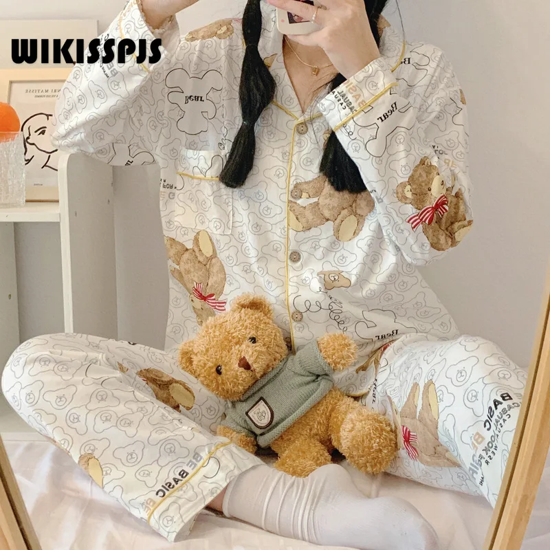 

WIKISSPJS Korean Bear Pajamas Women Spring Autumn Long Sleeve Cartoon Cute Home Clothes Leisure Student Sweet Two-piece Set Pjs