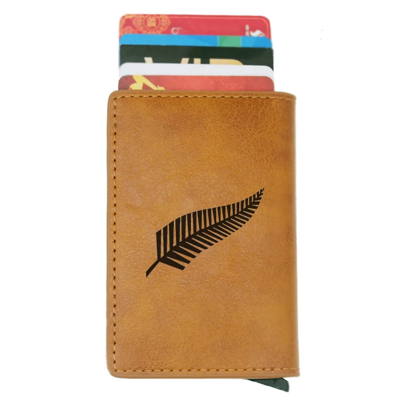 

New Zealand Flag Leaves Design Credit Card Holder Men And Women Metal RFID Vintage Aluminium Box PU Leather Fashion Card Wallet