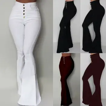 

2020 Fashion Women Single-breasted High Waist Retro Flared Pant Trouser Slim Bell-Bottom Casual Pant
