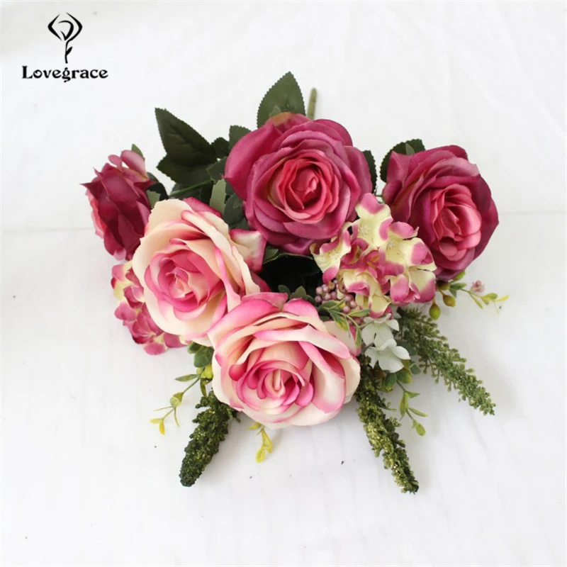 Lovegrace, искусственная Цветочная подделка, шелковые розы, букет, искусственный цветок гортензии для свадьбы, вечеринки, сада, украшения дома, цветы
