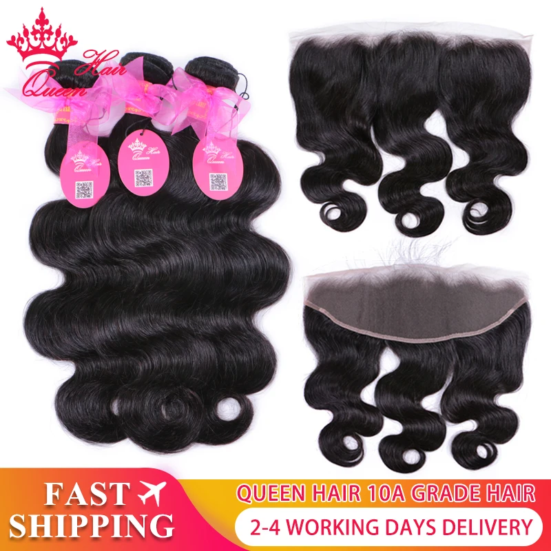 Queen Hair 3 Bundles With Frontal Brazilian 100% Human Hair Body Wave Bundles Weaves With Pre plucked Lace Closure Frontal