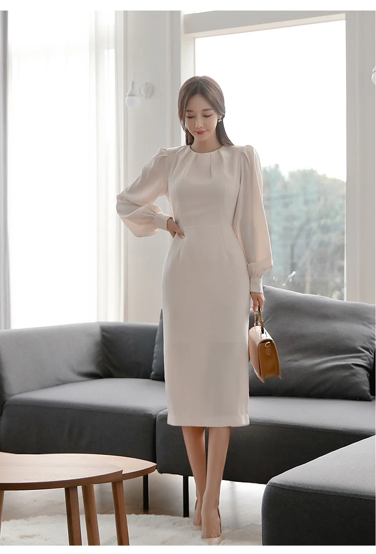 H Han queen осеннее однотонное узкое облегающее платье OL женское корейское тонкое платье с рукавами-фонариками вечерние платья vetidos