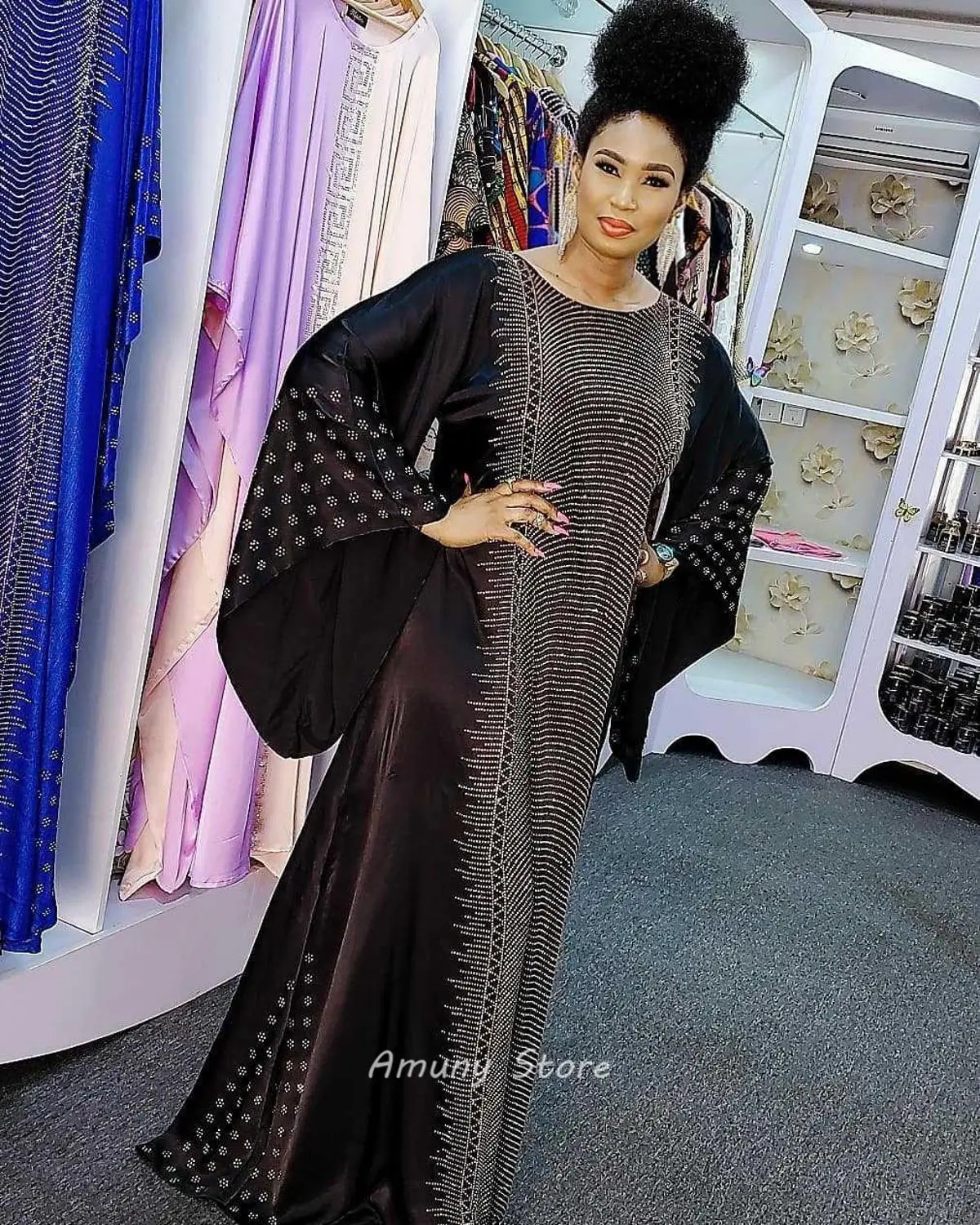 

African Woman Dress Hot Fix Rhinestone Decoration Polyester Rayon Material Plus Size Loose Fashion Solid Elegant Robe