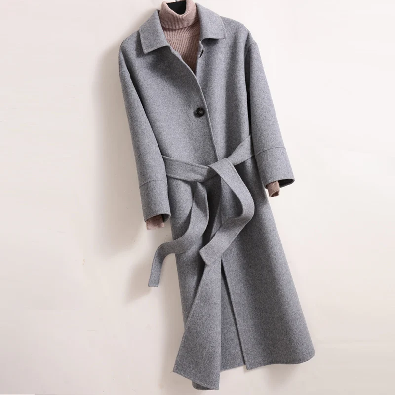 Gray Tcyeek зимнее пальто женская одежда Мода 90% шерсть длинная куртка+ ремень женская элегантная Осенняя Куртка женская Casaco Hiver 10hSKv - Цвет: Gray