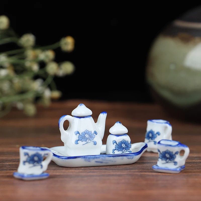 

5/6pcs/set Dollhouse Miniature Dining Ware Porcelain Tea Set Dish Cup Plate Dollhouse Kitchen Living Room Decoration