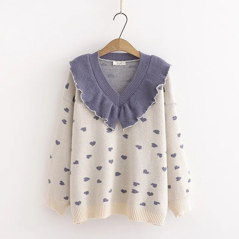 Корейский вязаный свитер женский зимний плотный теплый с милым сердцем