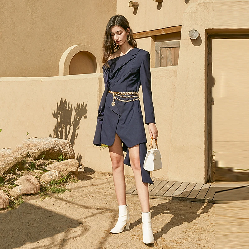 [EAM] Women Dark Blue Irregular Temperament Dress