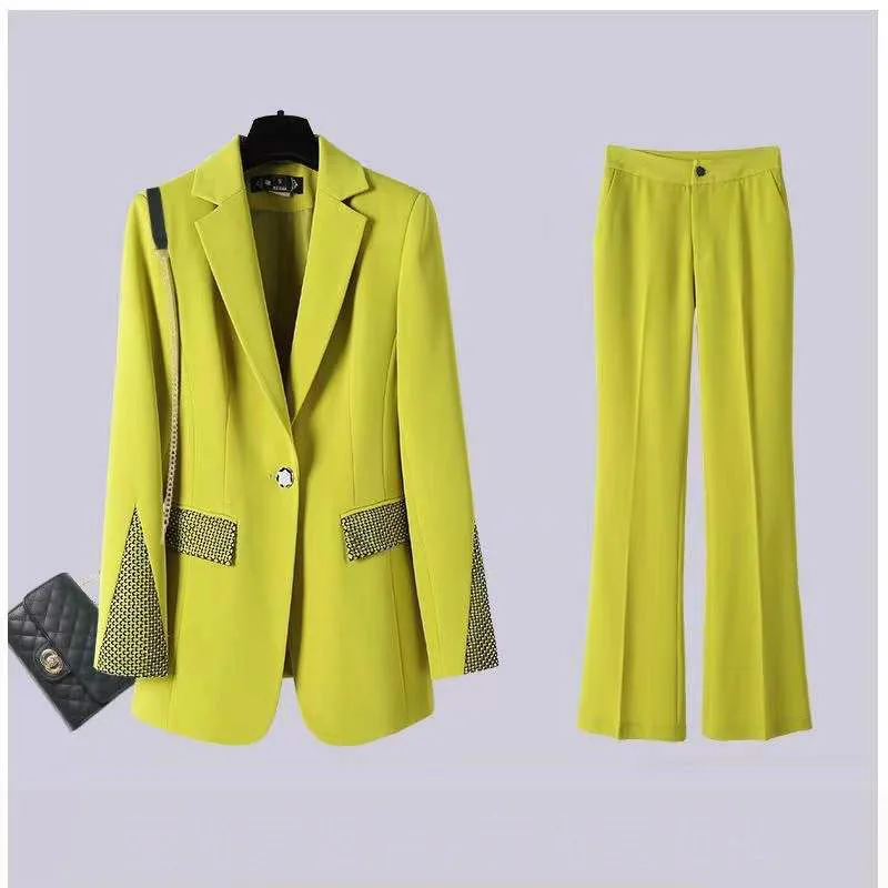 

New Fashion Korean Design Ladies Business Pant Suit Black Blue Fruit Green Women 2 Piece Coat Blazer Set Jackets And Feet Pants
