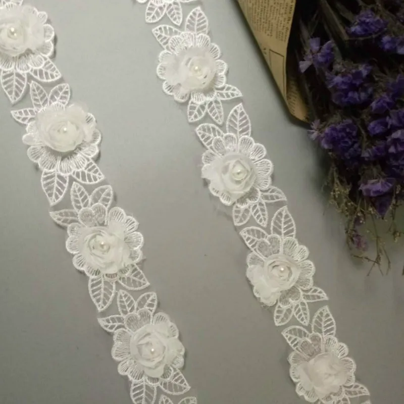 2 ярд растворимый цветок белая роза Жемчуг шифон вышитая кружевная отделка Лента из ткани ручной работы винтажное свадебное платье шитье ремесло