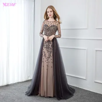 

YQLNNE Elegant Gray Long Sleeve Evening Dress O Neck Beaded Tulle Formal Women Evening Gowns