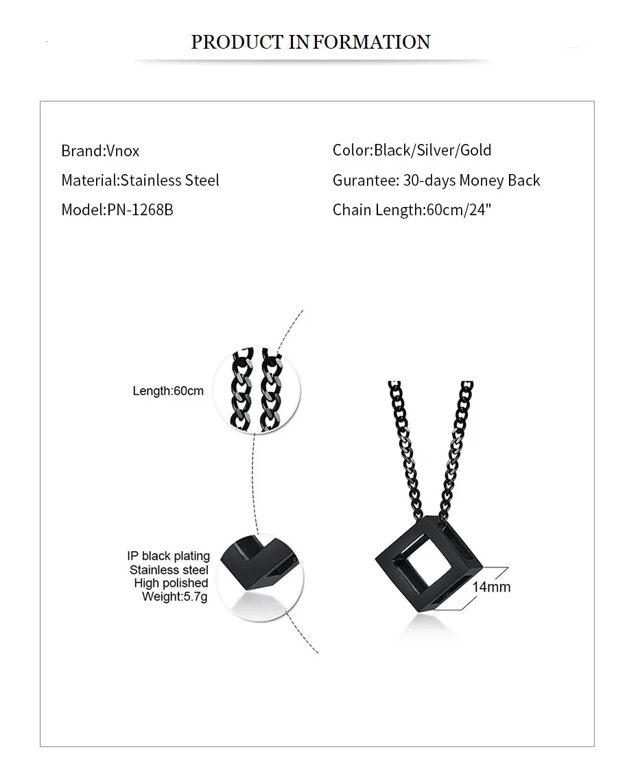 Vnox подвеска в форме кубика для мужчин в промышленном стиле, мужское ожерелье из нержавеющей стали, повседневные ювелирные изделия с 2" панцирной цепочкой