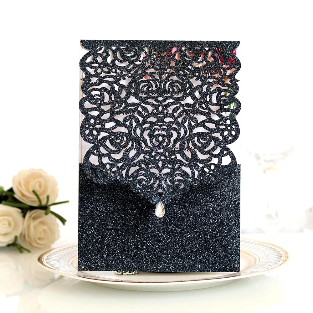  10pcs Pearl paper Business Invitation Glitter Openwork Pocket Rose Lace Invitation Card Wedding Inv - 4000595224951