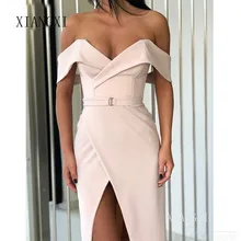 Вечерние платья цвета шампанского, платье-футляр с открытыми плечами, платье для выпускного вечера с высоким разрезом, сексуальное длинное элегантное вечернее платье