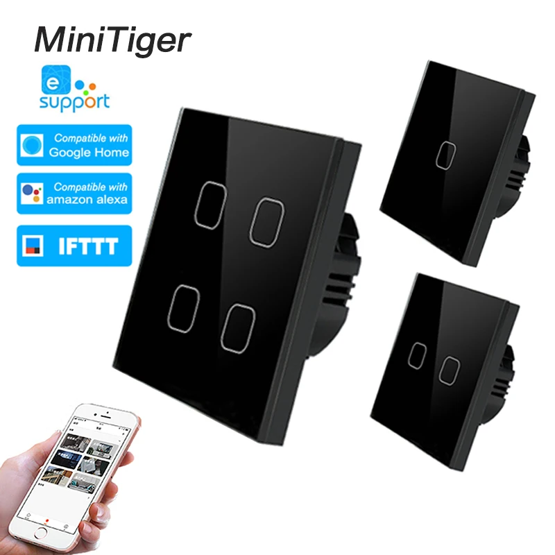 

Minitiger ewelink Smart Home 1/2/4 Gang 1 way Wireless WiFi EU Standard Touch Switch Wall Light Switch,Luxury Crystal Glass