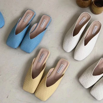 

Women Slippers Fashion Weave Square Toe Slip On Flats Shoes Summer Casual Slippers Flip Flops Beach Shoes Soft Soles Size 35-39