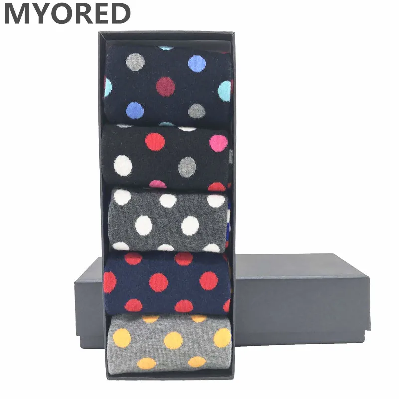 MYORED 5pairs/Lot colorful mens socks pack combed cotton dot &amp striped set long crew for party business wear NO BOX | Мужская одежда