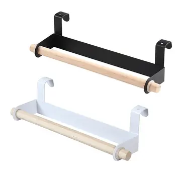 

Metal wall hanging Holder wood towel Shelf bathroom Roll paper rag Holder plastic wrap film Storage Racks kitchen accessories