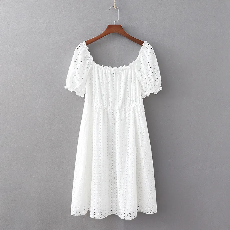 

2019 Western Style Spring And Summer WOMEN'S Dress New Style off-Shoulder Embroidered Hollow out Cotton Cloth Dress