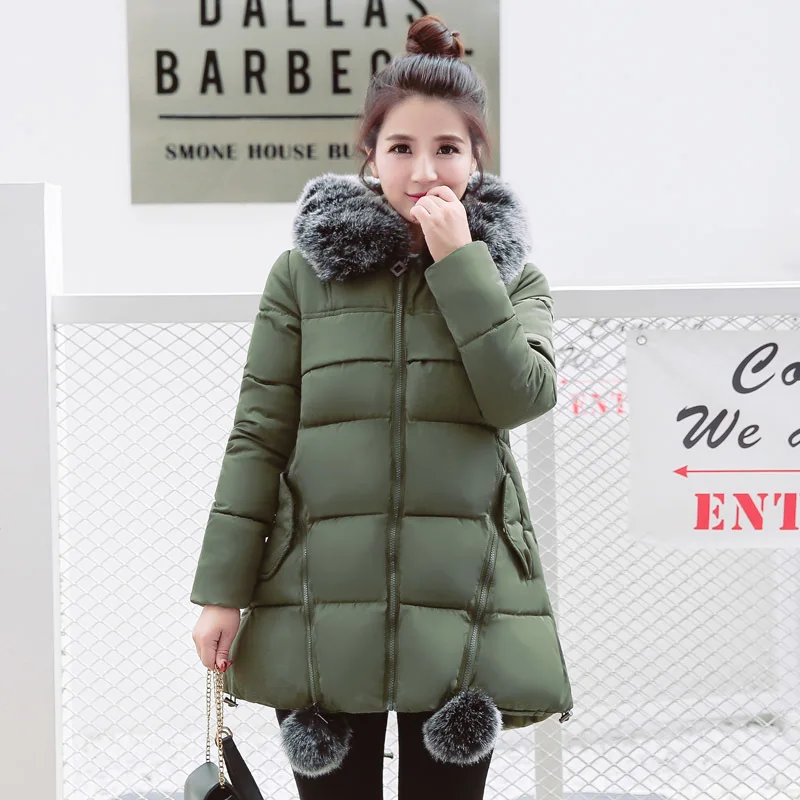 Army Green Дизайн, зимняя женская куртка с меховым капюшоном, длинное женское пальто, верхняя одежда с подкладкой, теплая парка Abrigo Mujer с двумя меховыми шариками - Цвет: Army Green