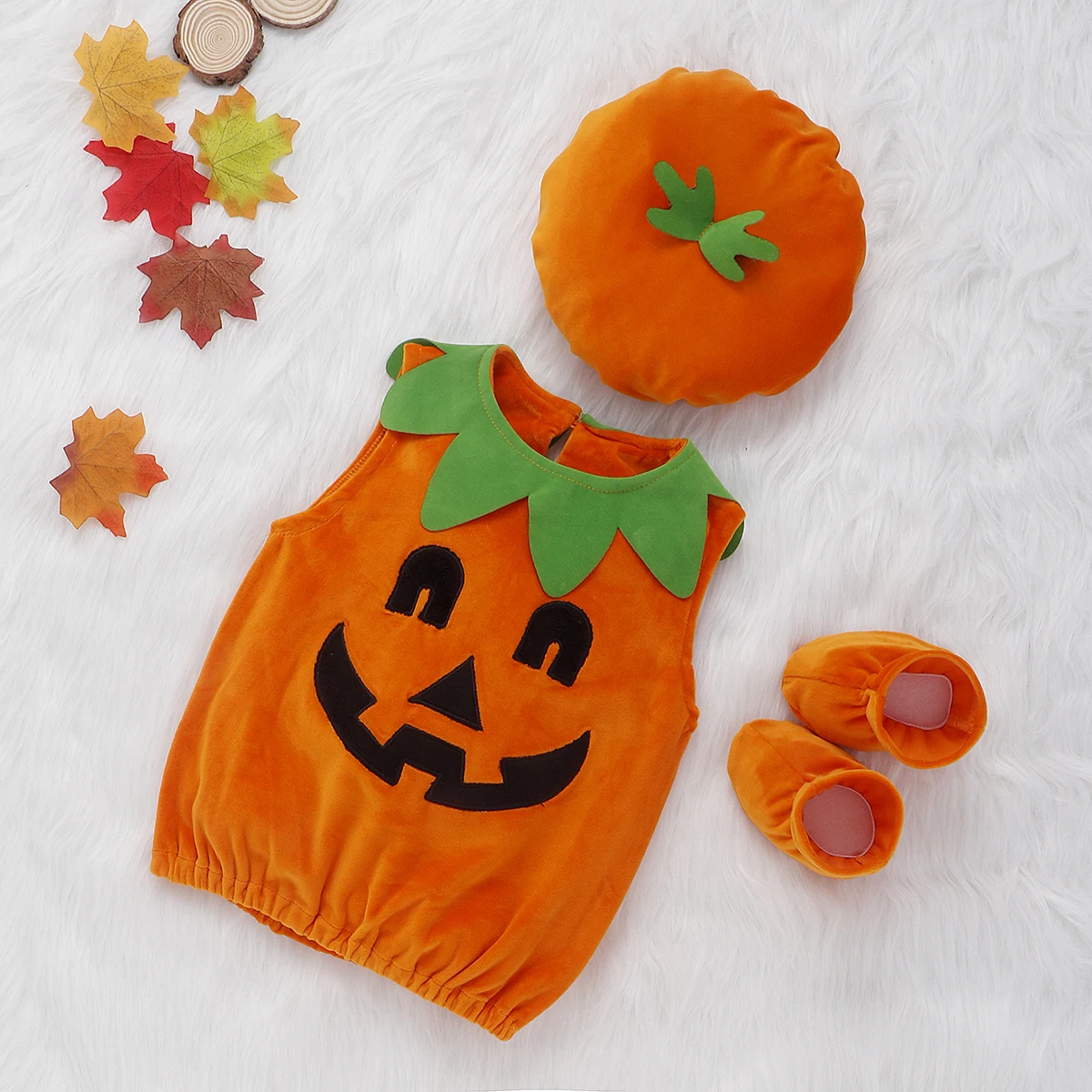 3Pcs Baby Halloween Clothing Pumpkin Tops Hat Shoes Outfit Newborn Baby Girl Boy Fuzzy Clothes Set Costume Party Cosplay Outfits