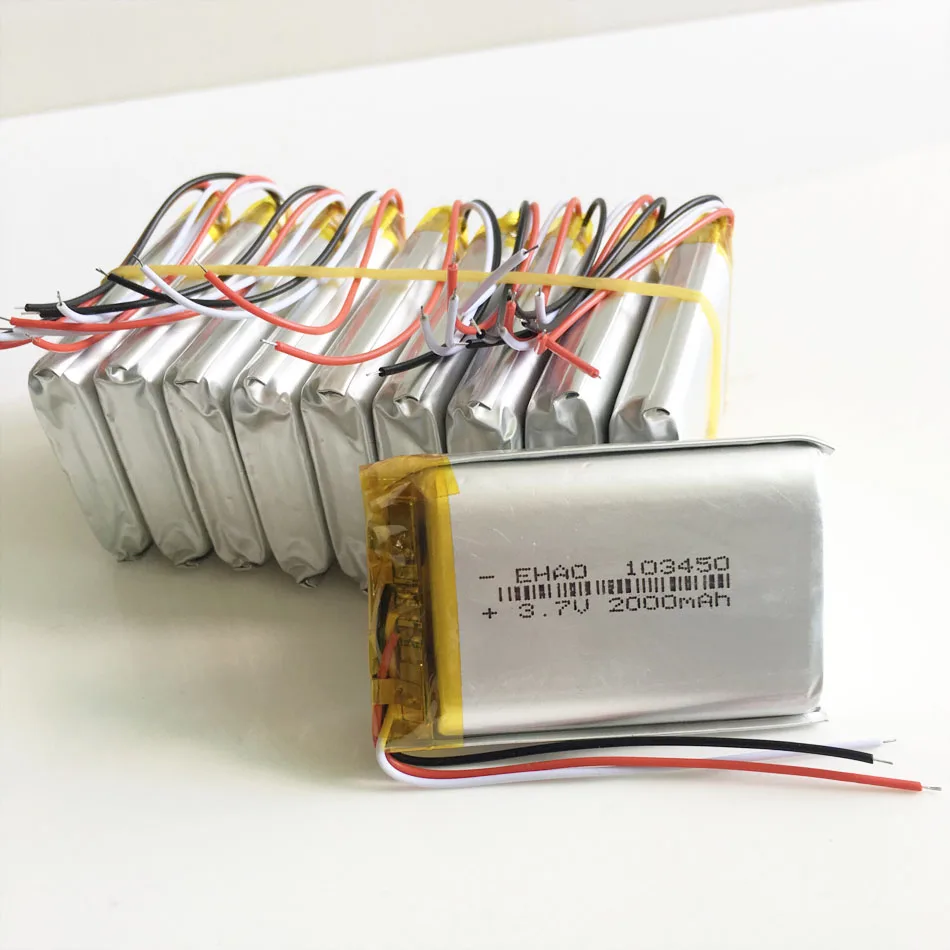 

Lot 10 pcs 2000mAh 3.7V Lithium Polymer LiPo Rechargeable Battery 3 wires 103450 For Mp3 DVD PAD PSP camera GPS Laptop Tablet PC