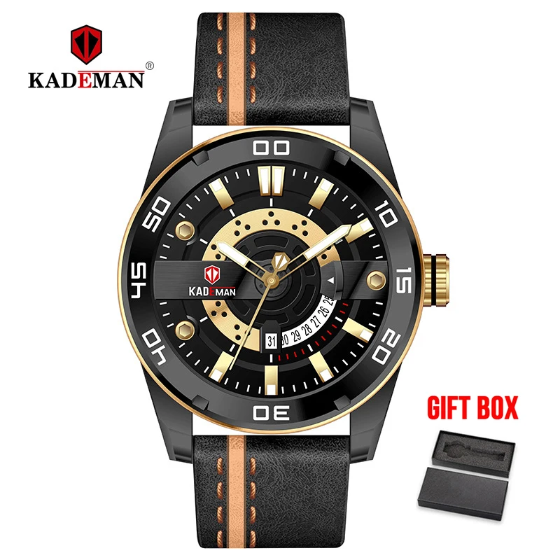 black gold KADEMAN новые мужские часы водонепроницаемые кожаные спортивные кварцевые часы лучший бренд Модные Военные мужские наручные часы Relogio Masculino - Цвет: black gold