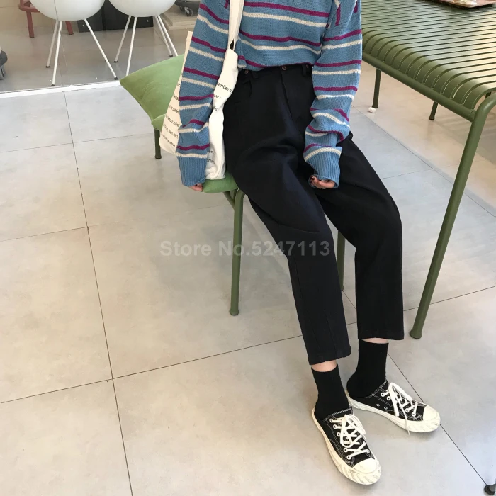 Женский корейский стиль Ulzzang Harajuku BF Свободные с высокой талией черные джинсы длиной до щиколотки женские студенческие повседневные шаровары