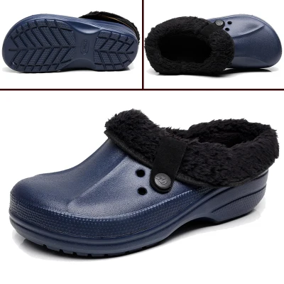 Original RH Eco Unisex Warm Winter Fur Garden Shoes Clog Indoor Casual Warm Home Slippers EVA Flat Clogs Footwear - Цвет: navy