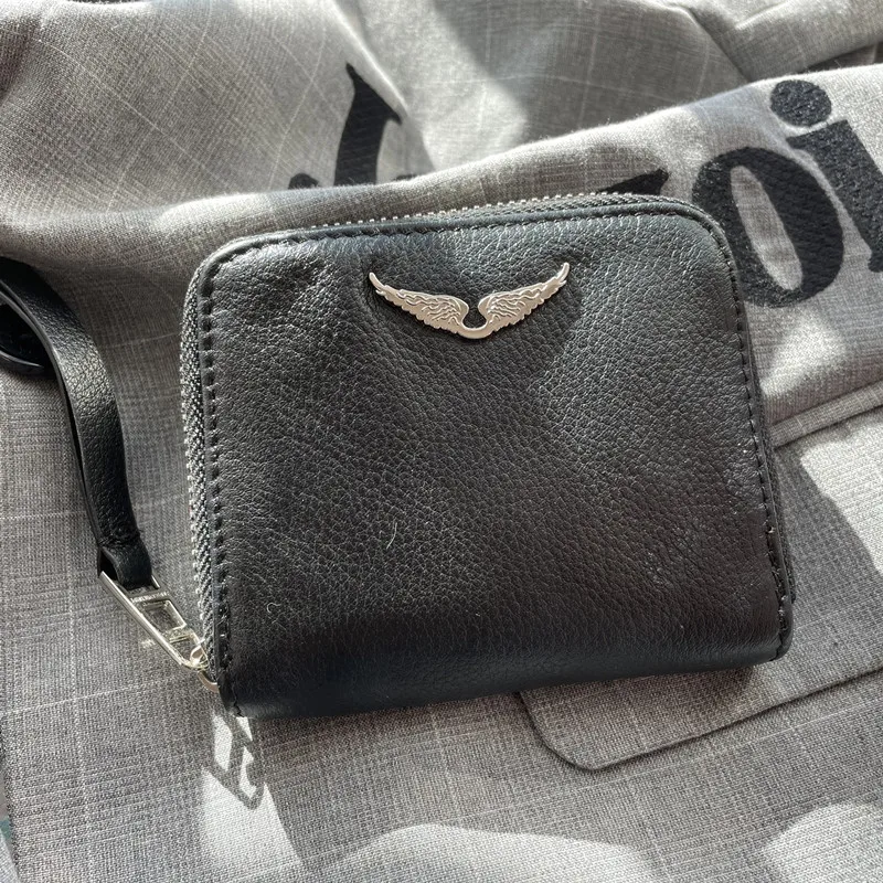 Женские черные мини-кошельки из натуральной кожи с украшением в виде крыльев