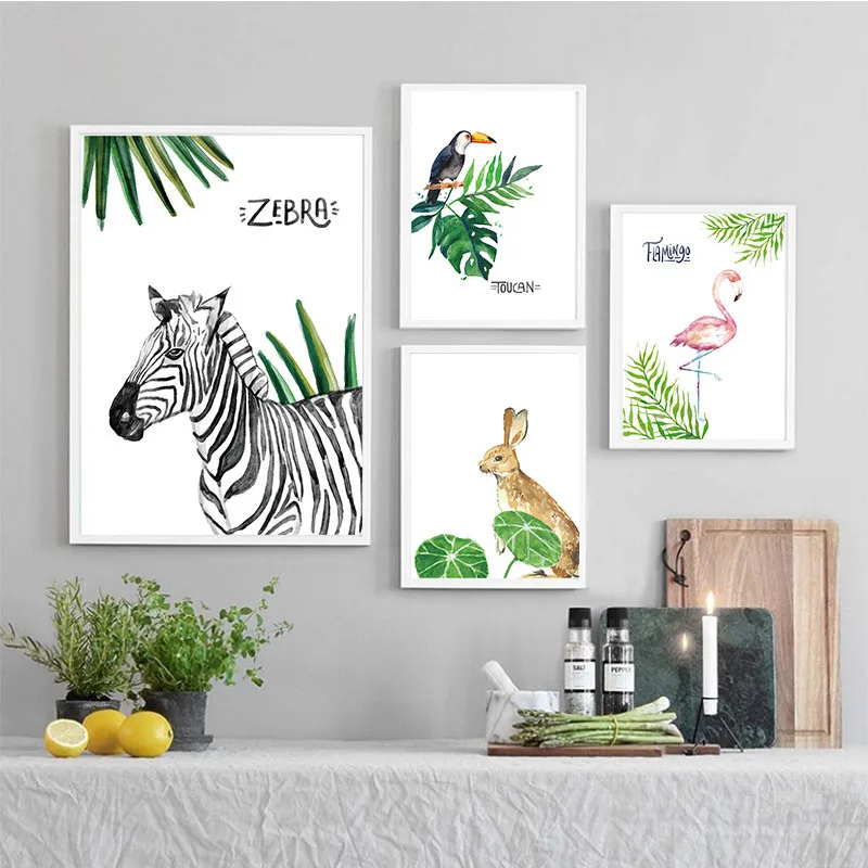 Животные с рисунками кроликов и зебр фламинго Тукан на холсте плакат лесной для
