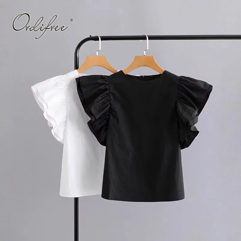 

Ordifree 2019 Summer Women Ruffle Blouse Shirt White Black Short Sleeve Cotton Casual Plain Female Blouse