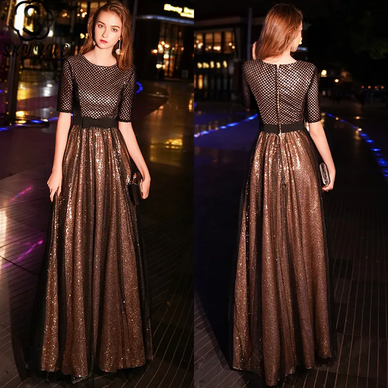 

Skyyue Formal Dress Short Sleeve O-Neck Sequined Floor-Length Women Party Dresses A-Line Contrast Color Robe De Soiree TR025