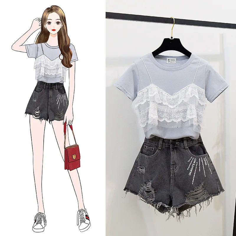 

Xiao gediao Summer Two-Piece Set Lace Camisole Joint T-shirt Cowboy Lettered Frayed Greyish Black Shorts