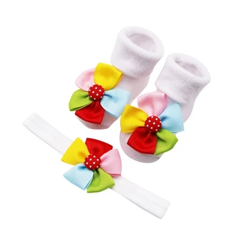 

2 PCS Baby socks Cartoon anti slip floor cartoon kids Toddlers+Hairband Props Set autumn spring newborn Cute 0-6-12month