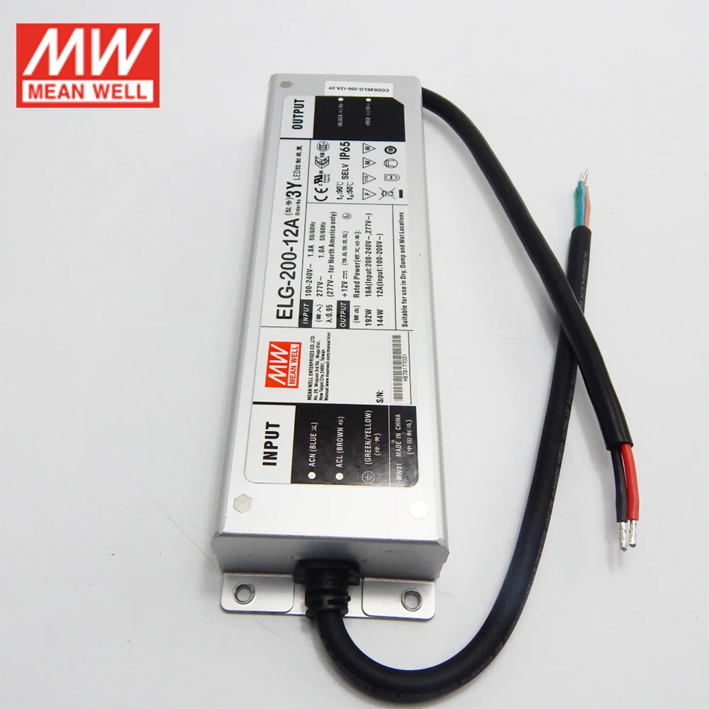 Бренд MEAN WELL представляет ELG 200 12A 3Y 192W 16A 12V регулируемый светодиодный Питание 110 V/220