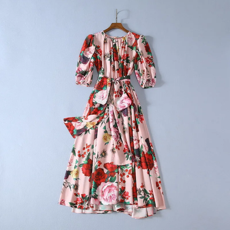 New Pleated Round Neck Printed Lantern Sleeve Dress Women's Dress 191017LU01