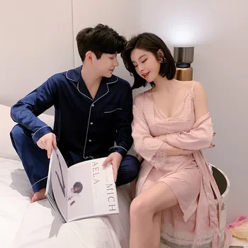 

Lovers Sleepwear 2PCS Sleep Set Satin Kimono Bathrobe Gown 2020 New Nighty&Robe Suit Casual Bridal Wedding Gift Home Clothes