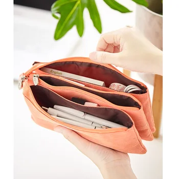 

Angoo [Take It Easy] INS Color Pen Pencil Bag Case, 3 Layer Canvas Hand bags Storage Pouch for Stationery Zakka School Gift F523