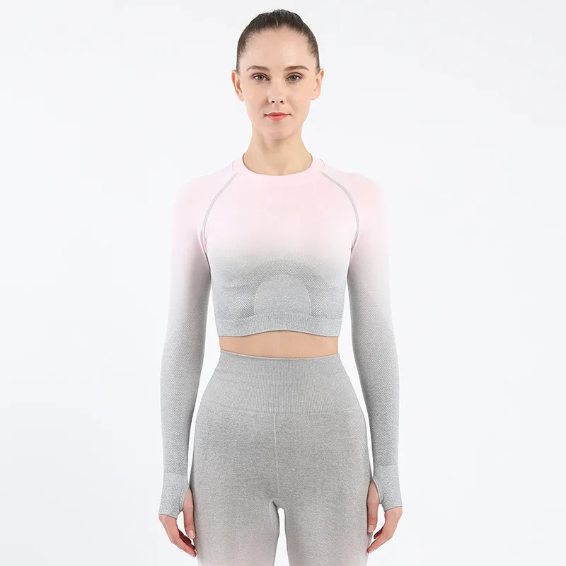 Light Pink Top Укороченный топ с эффектом омбре, рубашки для йоги для женщин, бесшовные Топы с длинным рукавом для тренировок, рубашки для спортзала с отверстием для большого пальца, фитнес-укороченный топ, рубашка Mujer - Цвет: Light Pink Top