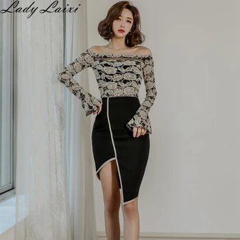 

2020 Spring Women Two Piece Sets Slash Neck Off Shoulder Sexy Lace Blouse + Irregular Bodycon Skirt Suits office OL work suit